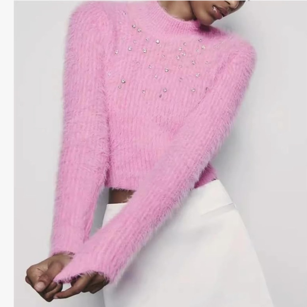 Zara pink Embellished faux fur jewel Women's Sweater